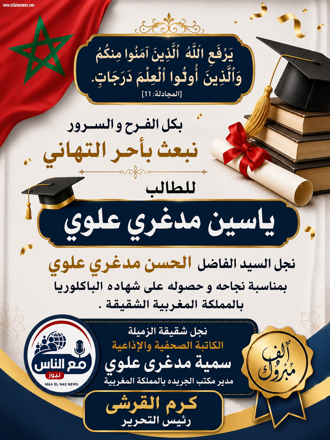 تهنئة مقدمة من أسرة جريدة مع الناس نيوز الى الزميلة سمية مدغري علوي لنجاح نجل شقيقها