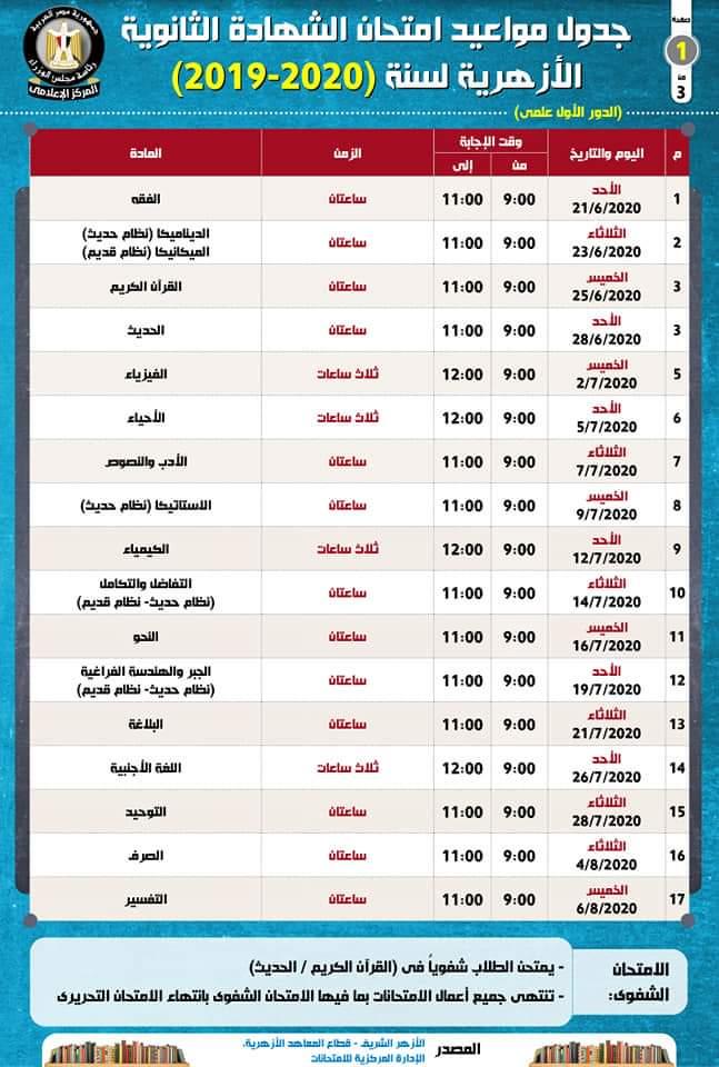 بالإنفوجراف... تعرف على جدول امتحان شهادتي الثانوية العامة، والأزهرية للعام الدراسي (2019/2020)