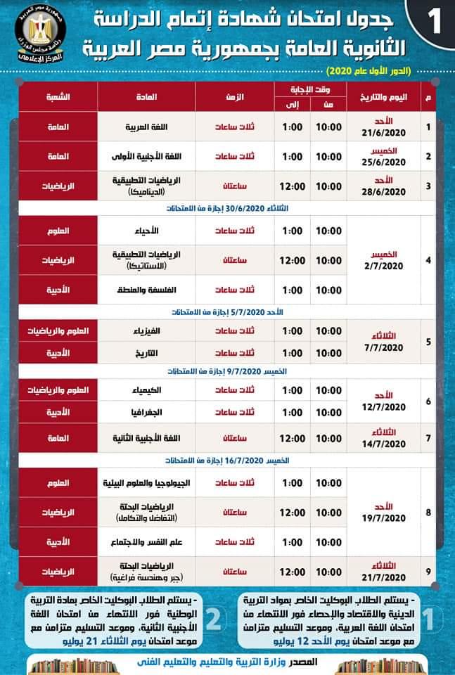 بالإنفوجراف... تعرف على جدول امتحان شهادتي الثانوية العامة، والأزهرية للعام الدراسي (2019/2020)