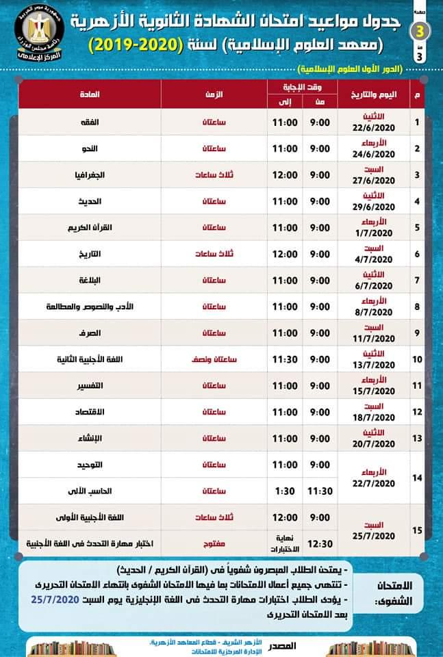 بالإنفوجراف... تعرف على جدول امتحان شهادتي الثانوية العامة، والأزهرية للعام الدراسي (2019/2020)