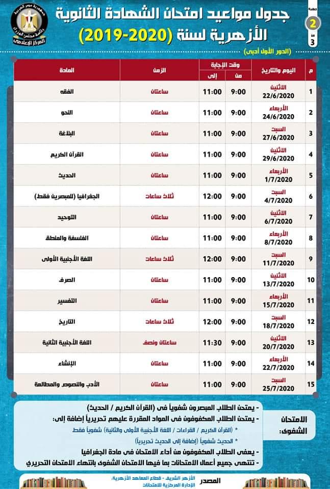 بالإنفوجراف... تعرف على جدول امتحان شهادتي الثانوية العامة، والأزهرية للعام الدراسي (2019/2020)