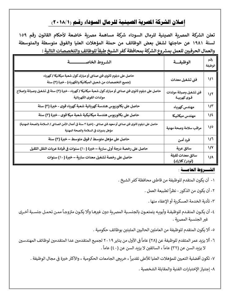 الشركة المصرية الصينية للرمال السوداء تعلن عن إتاحة 100 فرصة عمل بها من حملة المؤهلات العليا والفوق متوسطة والمتوسطة والعمال الحرفيين، للعمل بمشروع الشركة بمحافظة كفرالشيخ.